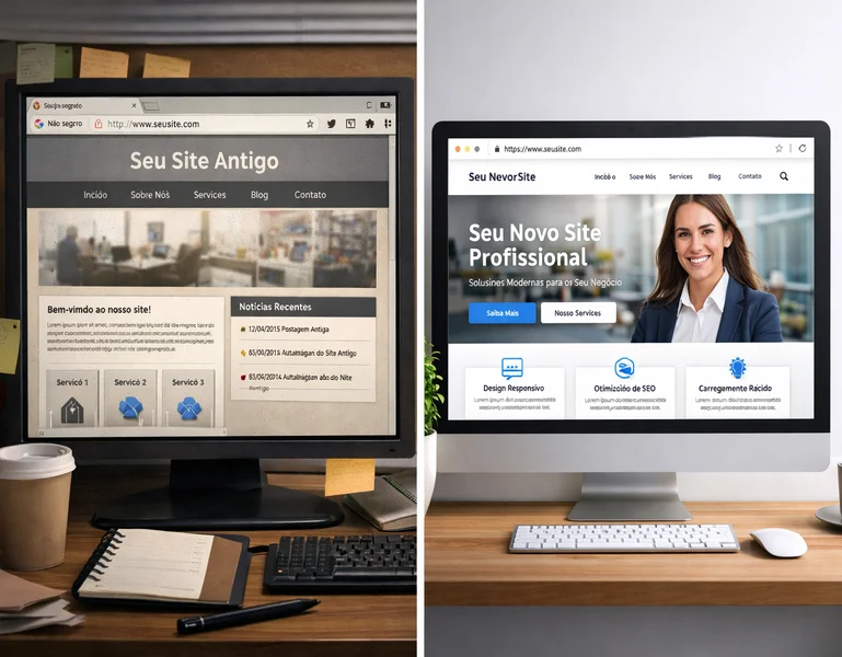 Exemplo de site antigo e desatualizado antes da reformulação, com layout ultrapassado e baixa performance